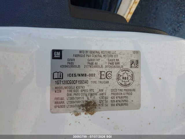 30093799 :رقم المزاد ، 1GT120CG0CF156340 vin ، 2012 Gmc Sierra K2500 Sle مزاد بيع