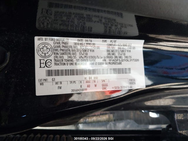 30100343 :رقم المزاد ، 1FADP3J21GL317220 vin ، 2016 Ford Focus Titanium مزاد بيع