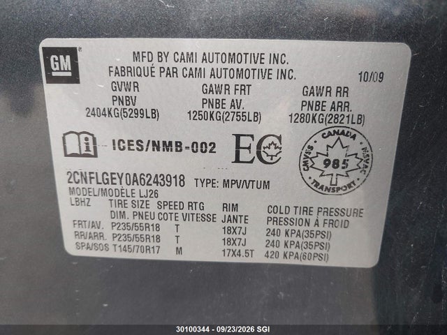 30100344 :رقم المزاد ، 2CNFLGEY0A6243918 vin ، 2010 Chevrolet Equinox Ltz مزاد بيع