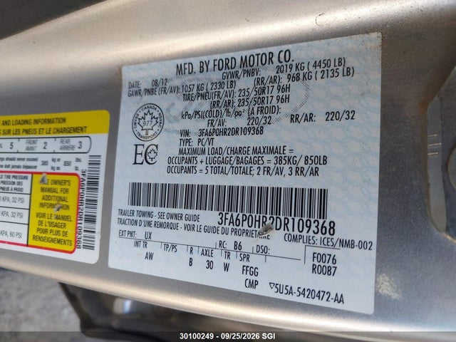 Продажа на аукционе авто 2013 Ford Fusion Se, vin: 3FA6P0HR2DR109368, номер лота: 30100249