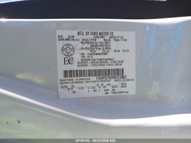 Продажа на аукционе авто 2009 Ford Focus Sel, vin: 1FAHP37N09W223883, номер лота: 30100162