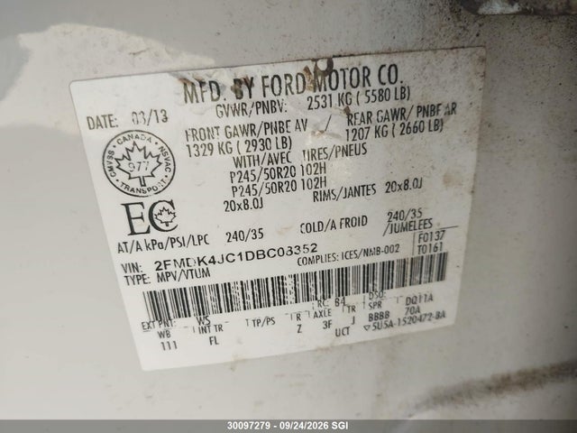 Aukcja sprzedaży 2013 Ford Edge Sel, vin: 2FMDK4JC1DBC08352, numer aukcji: 30097279