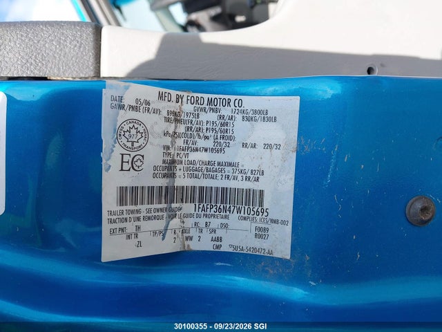 2007 Ford Focus Zxw/s/se/ses მანქანა იყიდება აუქციონზე, vin: 1FAFP36N47W105695, აუქციონის ნომერი: 30100355
