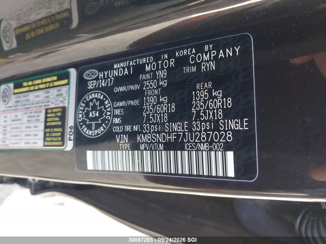 Auction sale of the 2018 Hyundai Santa Fe Se/limited, vin: KM8SNDHF7JU287028, lot number: 30097285