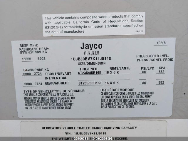 Продаж на аукціоні авто 2019 Jayco Bungalow 40rlts, vin: 1UJBJ0BV7K11J0118, номер лоту: 30100384