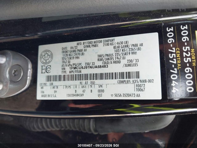 Auction sale of the 2022 Ford Escape Titanium, vin: 1FMCU9J91NUA68483, lot number: 30100407
