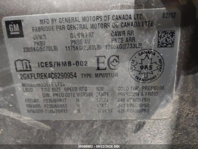 Aukcja sprzedaży 2012 Gmc Terrain Sle, vin: 2GKFLREK4C6290954, numer aukcji: 30098982