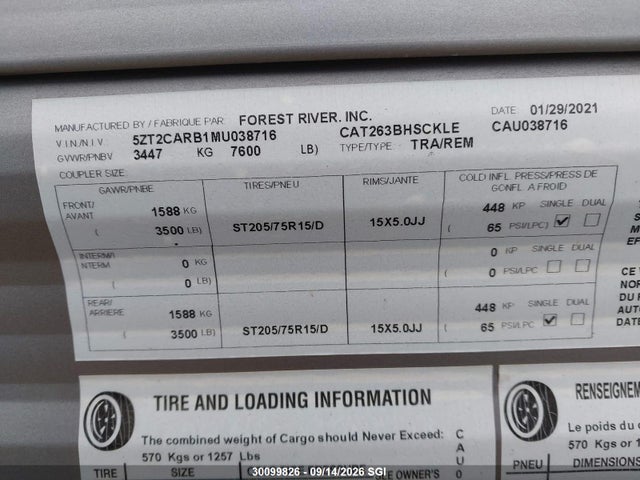 Продажа на аукционе авто 2021 Forest River Trailer Avenger, vin: 5ZT2CARB1MU038716, номер лота: 30099826