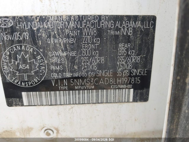 2020 Hyundai Santa Fe Sel/sel Plus მანქანა იყიდება აუქციონზე, vin: 5NMS3CAD8LH197815, აუქციონის ნომერი: 30099084