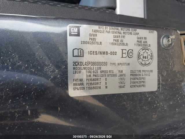 30100375 :رقم المزاد ، 2CKDL43F086009339 vin ، 2008 Pontiac Torrent مزاد بيع