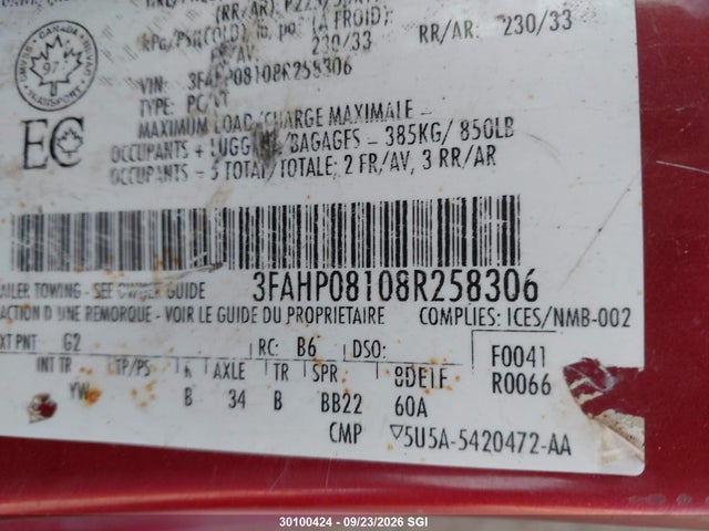 30100424 :رقم المزاد ، 3FAHP08108R258306 vin ، 2008 Ford Fusion Sel مزاد بيع