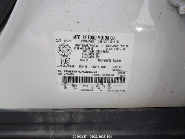 2022 Ford Explorer Limited მანქანა იყიდება აუქციონზე, vin: 1FMSK8FH2NGB83264, აუქციონის ნომერი: 30100427