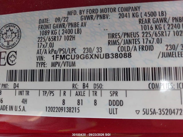 Продаж на аукціоні авто 2022 Ford Escape Se, vin: 1FMCU9G6XNUB38088, номер лоту: 30100430