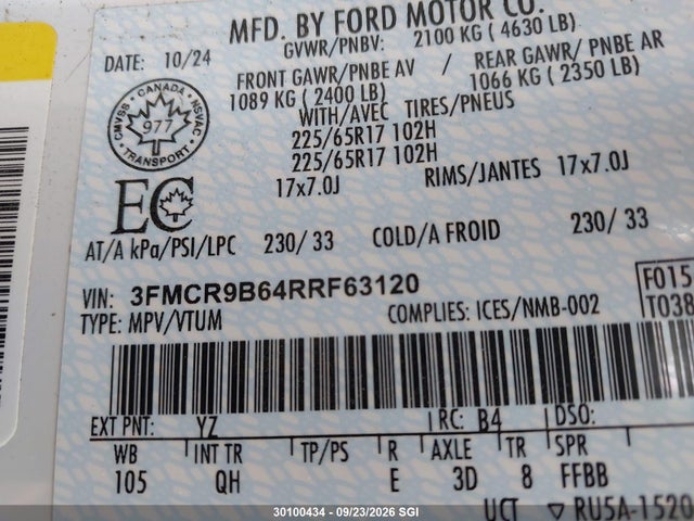 Продаж на аукціоні авто 2024 Ford Bronco Sport Big Bend, vin: 3FMCR9B64RRF63120, номер лоту: 30100434