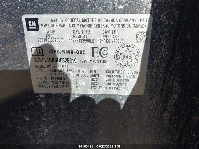 Aukcja sprzedaży 2017 Gmc Terrain Sle, vin: 2GKFLTEK6H6328219, numer aukcji: 30100435