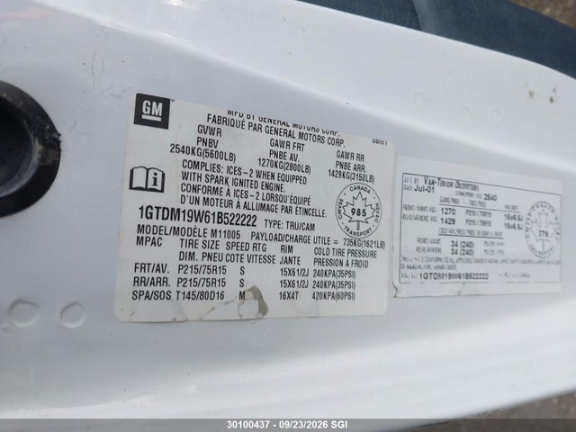 Aukcja sprzedaży 2001 Gmc Safari Xt, vin: 1GTDM19W61B522222, numer aukcji: 30100437