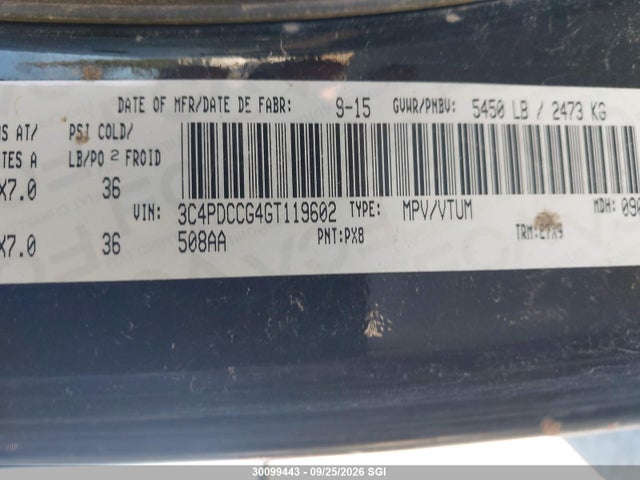 Продаж на аукціоні авто 2016 Dodge Journey Sxt/limited, vin: 3C4PDCCG4GT119602, номер лоту: 30099443