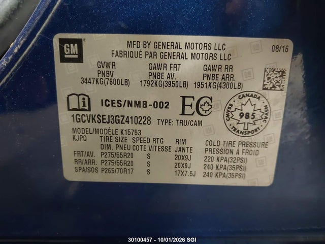 30100457 :رقم المزاد ، 1GCVKSEJ3GZ410228 vin ، 2016 Chevrolet Silverado K1500 Ltz مزاد بيع