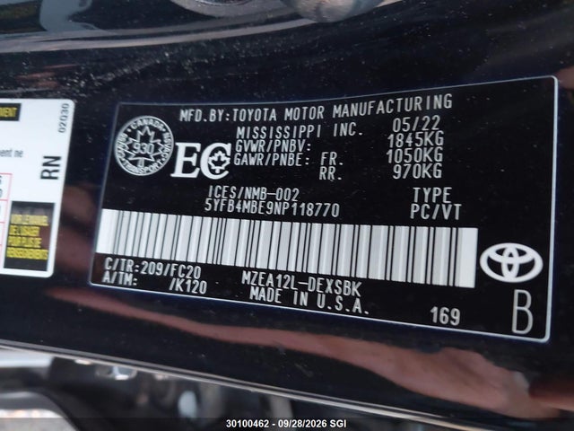 Продаж на аукціоні авто 2022 Toyota Corolla Se, vin: 5YFB4MBE9NP118770, номер лоту: 30100462