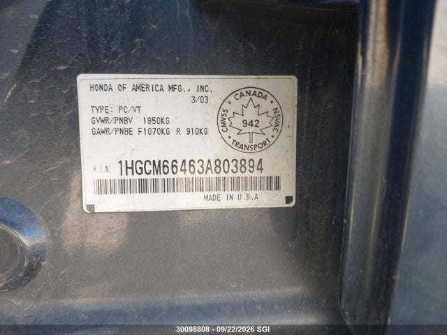 2003 Honda Accord Ex მანქანა იყიდება აუქციონზე, vin: 1HGCM66463A803894, აუქციონის ნომერი: 30098808