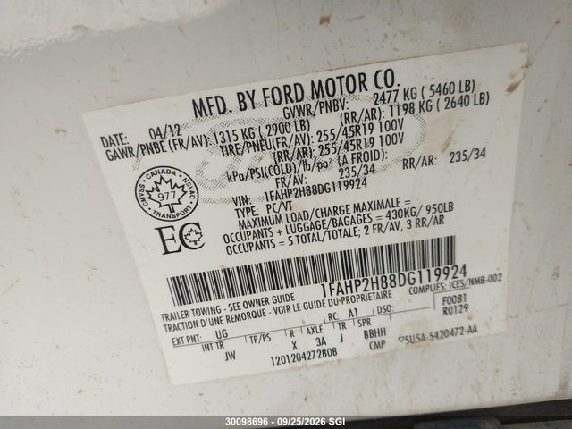 30098696 :رقم المزاد ، 1FAHP2H88DG119924 vin ، 2013 Ford Taurus Sel مزاد بيع