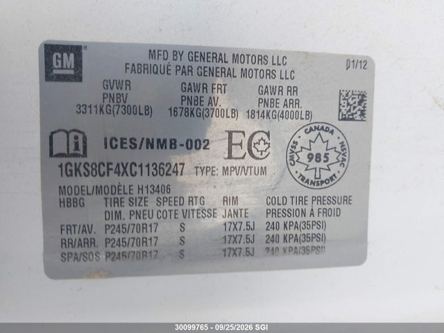 Aukcja sprzedaży 2012 Gmc Savana 1500 Sle, vin: 1GKS8CF4XC1136247, numer aukcji: 30099765