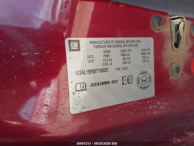 30097213 :رقم المزاد ، 1G2AL15F587196037 vin ، 2008 Pontiac G5 Se مزاد بيع