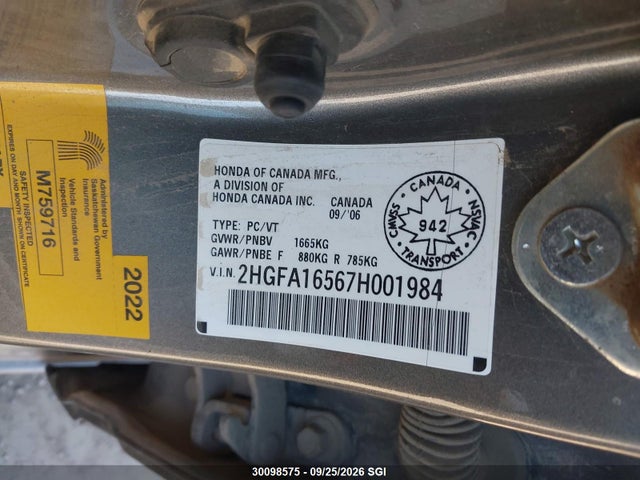 2007 Honda Civic Lx მანქანა იყიდება აუქციონზე, vin: 2HGFA16567H001984, აუქციონის ნომერი: 30098575