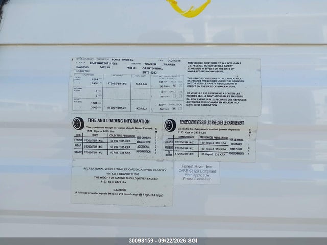 Продажа на аукционе авто 2017 Forest River Inc. Salem Cruise Lite, vin: 4X4TSMB22HT111053, номер лота: 30098159
