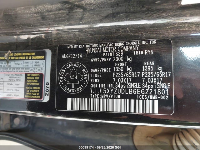 2014 Hyundai Santa Fe Sport მანქანა იყიდება აუქციონზე, vin: 5XYZUDLB6EG221801, აუქციონის ნომერი: 30099174