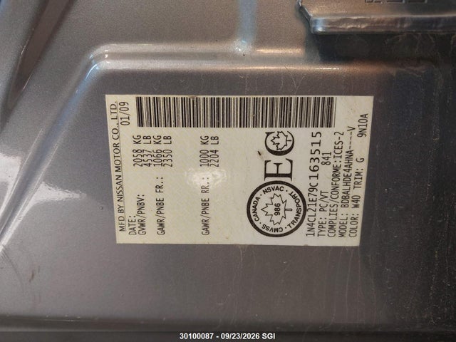 Aukcja sprzedaży 2009 Nissan Altima Hybrid, vin: 1N4CL21E79C163515, numer aukcji: 30100087