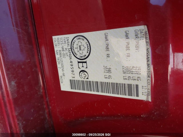30098602 :رقم المزاد ، 1N4AL3AP4DN495973 vin ، 2013 Nissan Altima 2.5/s/sv/sl مزاد بيع