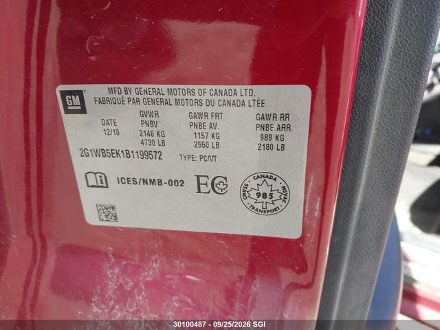 Auction sale of the 2011 Chevrolet Impala Lt, vin: 2G1WB5EK1B1199572, lot number: 30100487