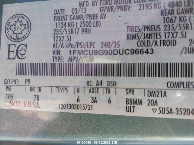 Продаж на аукціоні авто 2013 Ford Escape Se, vin: 1FMCU9G90DUC96643, номер лоту: 30100498