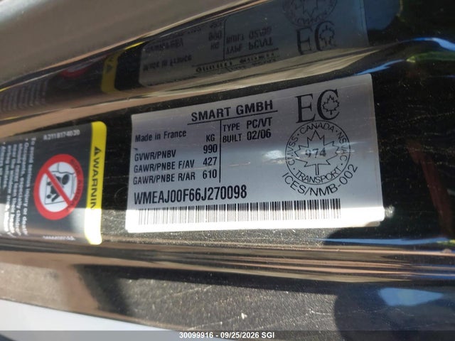 30099916 :رقم المزاد ، WMEAJ00F66J270098 vin ، 2006 Smart Fortwo مزاد بيع