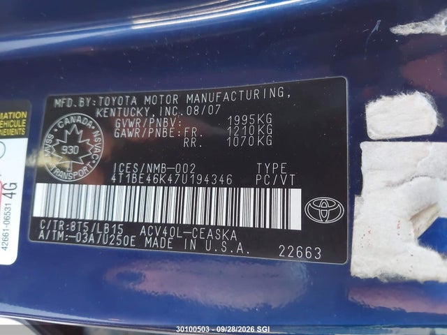 30100503 :رقم المزاد ، 4T1BE46K47U194346 vin ، 2007 Toyota Camry Ce/le/xle/se مزاد بيع