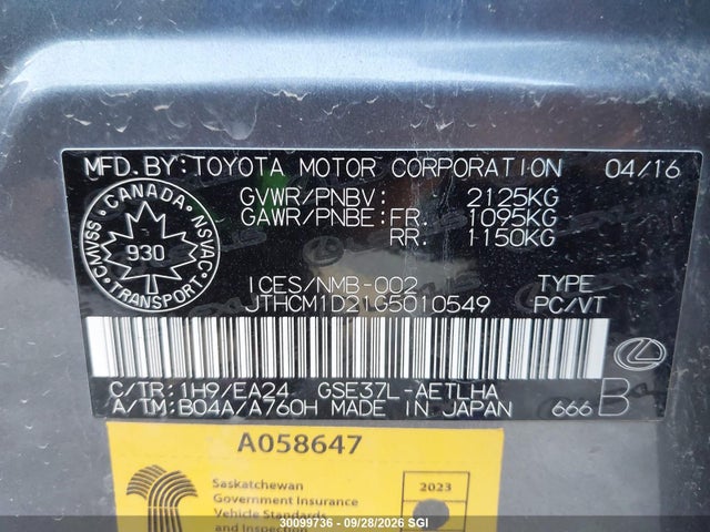 30099736 :رقم المزاد ، JTHCM1D21G5010549 vin ، 2016 Lexus Is 300 مزاد بيع