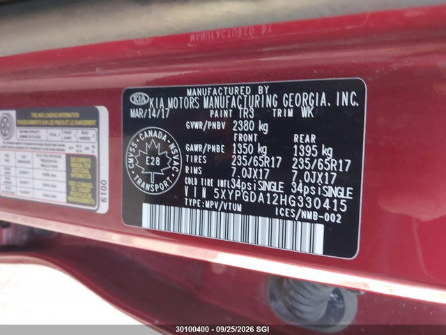 30100400 :رقم المزاد ، 5XYPGDA12HG330415 vin ، 2017 Kia Sorento Lx/l مزاد بيع