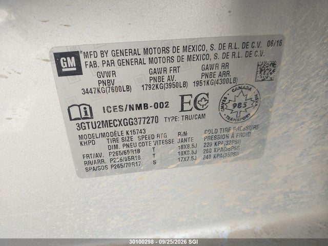 30100298 :رقم المزاد ، 3GTU2MECXGG377270 vin ، 2016 Gmc Sierra K1500 Sle مزاد بيع