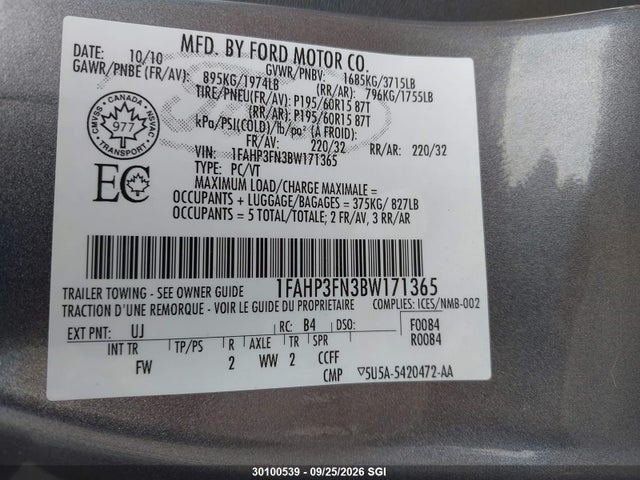 Aukcja sprzedaży 2011 Ford Focus Se, vin: 1FAHP3FN3BW171365, numer aukcji: 30100539