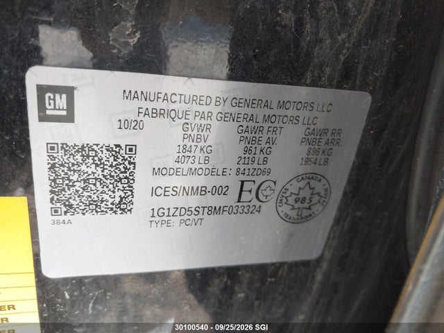 30100540 :رقم المزاد ، 1G1ZD5ST8MF033324 vin ، 2021 Chevrolet Malibu Lt مزاد بيع