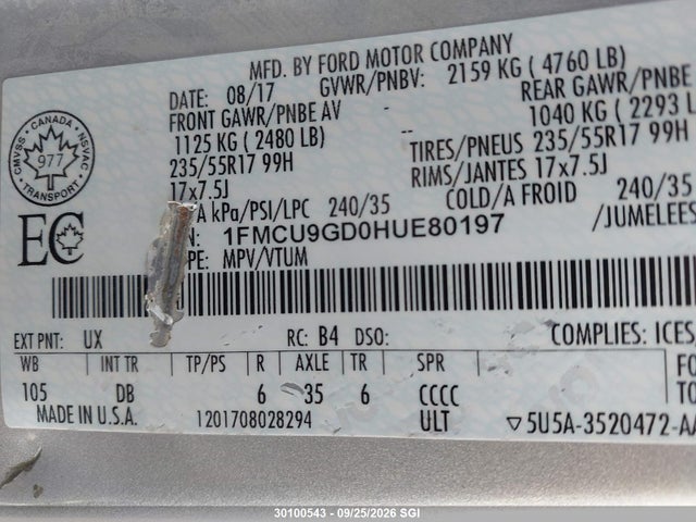 Ford ESCAPE SE 2017 1FMCU9GD0HUE80197 Image 9