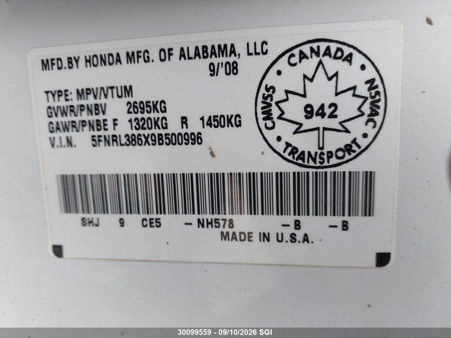 2009 Honda Odyssey Exl მანქანა იყიდება აუქციონზე, vin: 5FNRL386X9B500996, აუქციონის ნომერი: 30099559