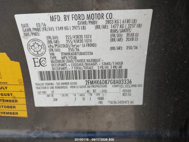 2016 Ford Flex Limited მანქანა იყიდება აუქციონზე, vin: 2FMHK6D87GBA03336, აუქციონის ნომერი: 30100118