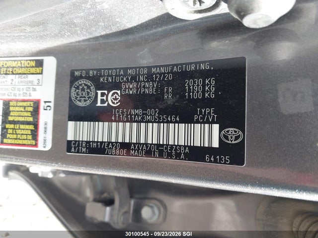 Aukcja sprzedaży 2021 Toyota Camry Se/se Night Shade, vin: 4T1G11AK3MU535464, numer aukcji: 30100545