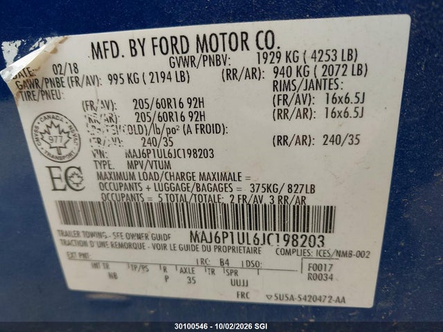 Aukcja sprzedaży 2018 Ford Ecosport Se, vin: MAJ6P1UL6JC198203, numer aukcji: 30100546