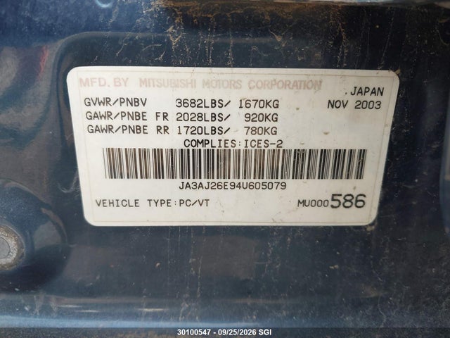 Продаж на аукціоні авто 2004 Mitsubishi Lancer Es, vin: JA3AJ26E94U605079, номер лоту: 30100547