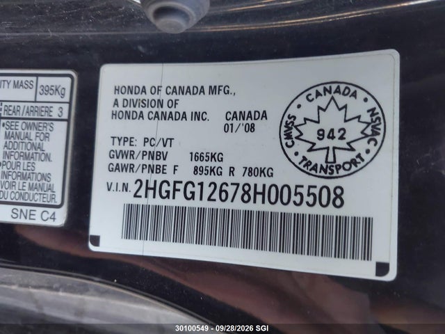 Aukcja sprzedaży 2008 Honda Civic Lx, vin: 2HGFG12678H005508, numer aukcji: 30100549