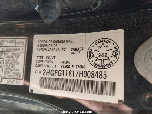 30100550 :رقم المزاد ، 2HGFG11817H008485 vin ، 2007 Honda Civic Ex مزاد بيع