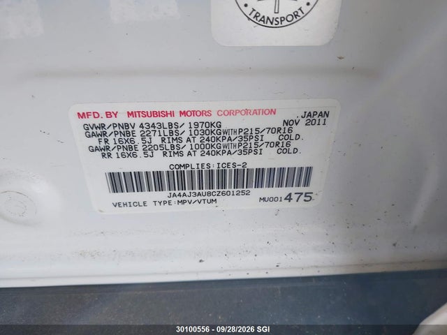 30100556 :رقم المزاد ، JA4AJ3AU8CZ601252 vin ، 2012 Mitsubishi Rvr Se مزاد بيع